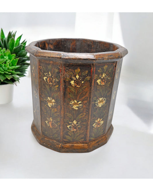 Vintage Wooden Octagonal Planter Pot Original Old Hand Crafted Painted