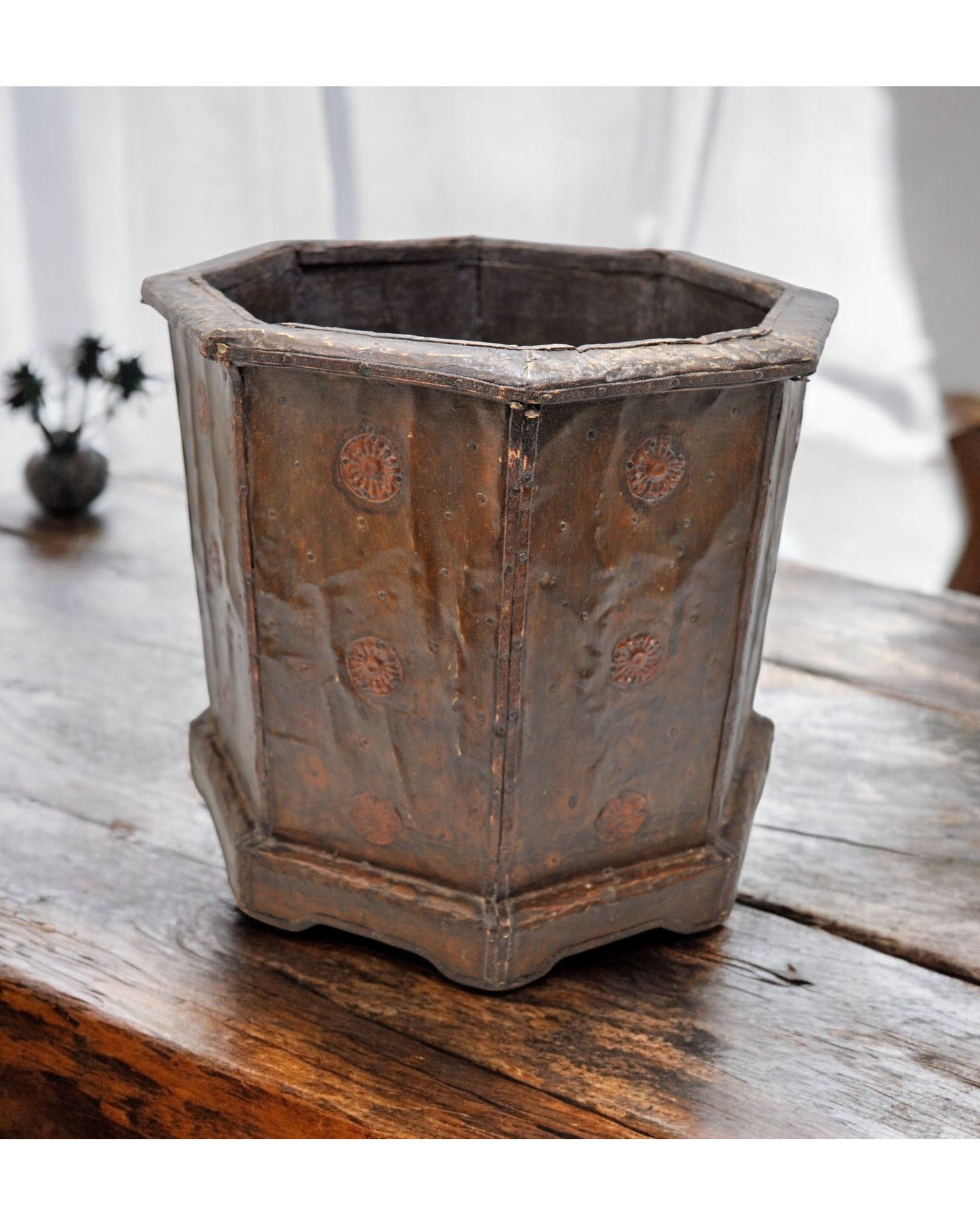 Vintage Wooden Octagonal Planter Pot Original Old Hand Crafted Brass Fitted