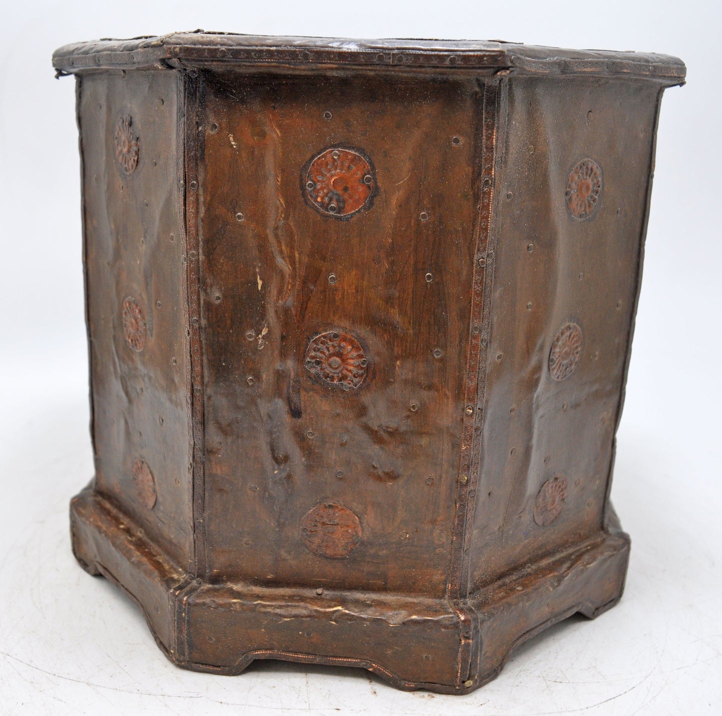 Vintage Wooden Octagonal Planter Pot Original Old Hand Crafted Brass Fitted