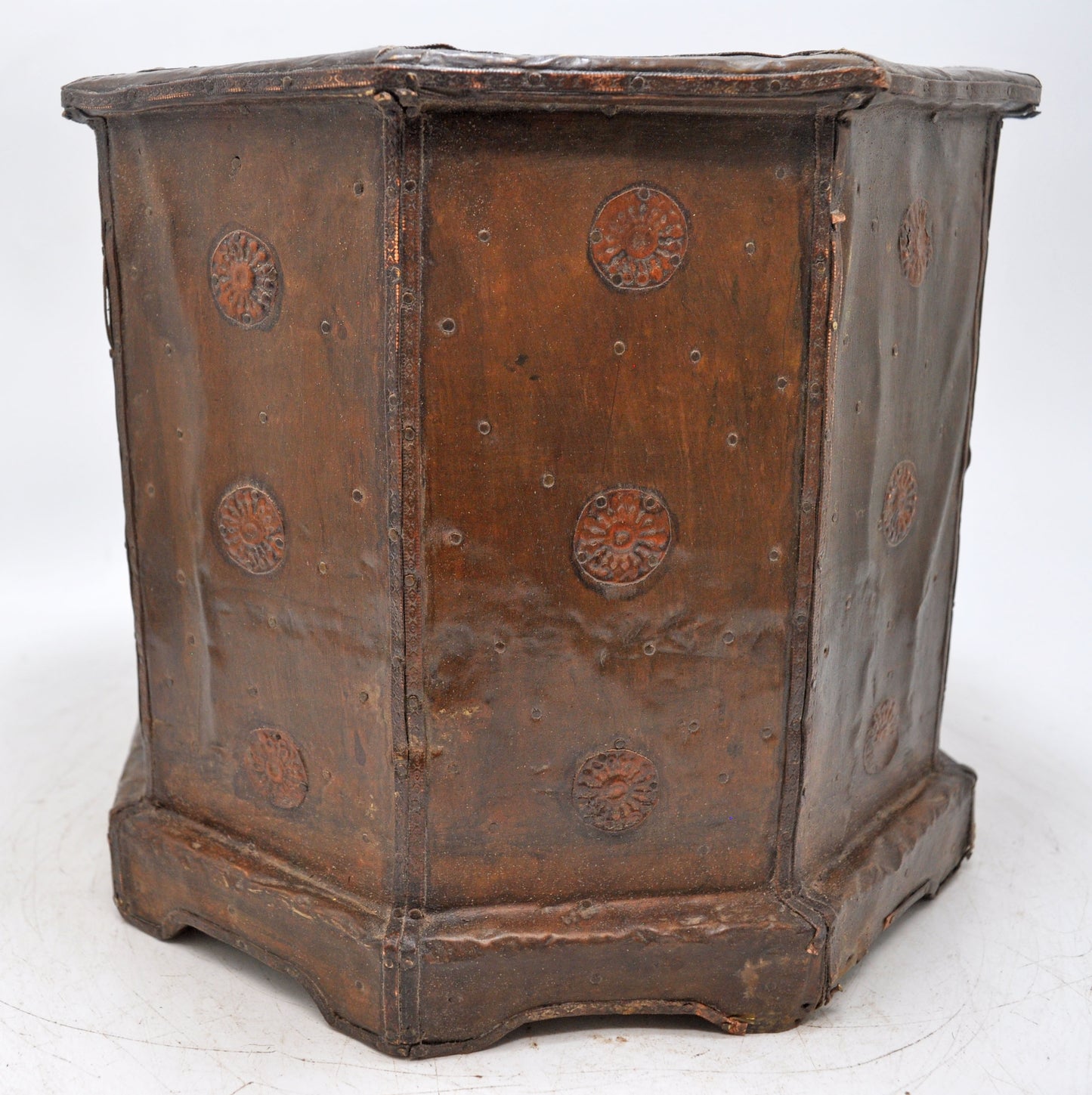 Vintage Wooden Octagonal Planter Pot Original Old Hand Crafted Brass Fitted