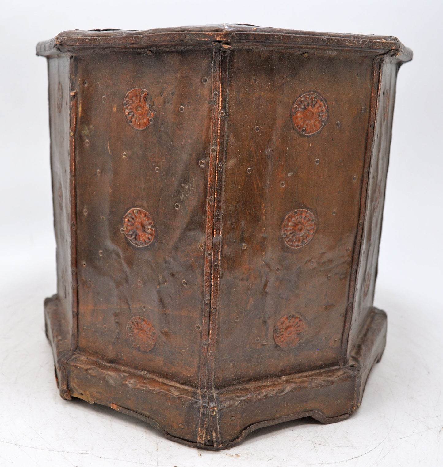 Vintage Wooden Octagonal Planter Pot Original Old Hand Crafted Brass Fitted