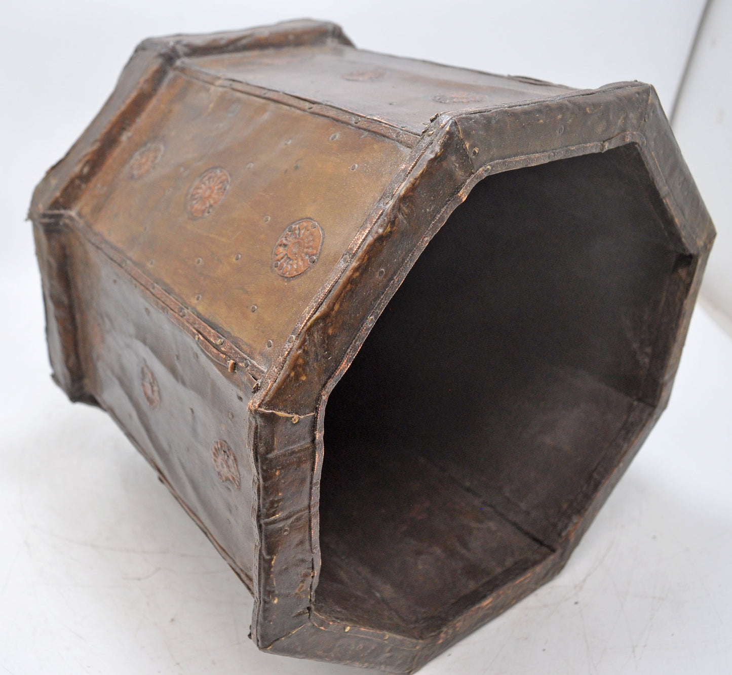 Vintage Wooden Octagonal Planter Pot Original Old Hand Crafted Brass Fitted