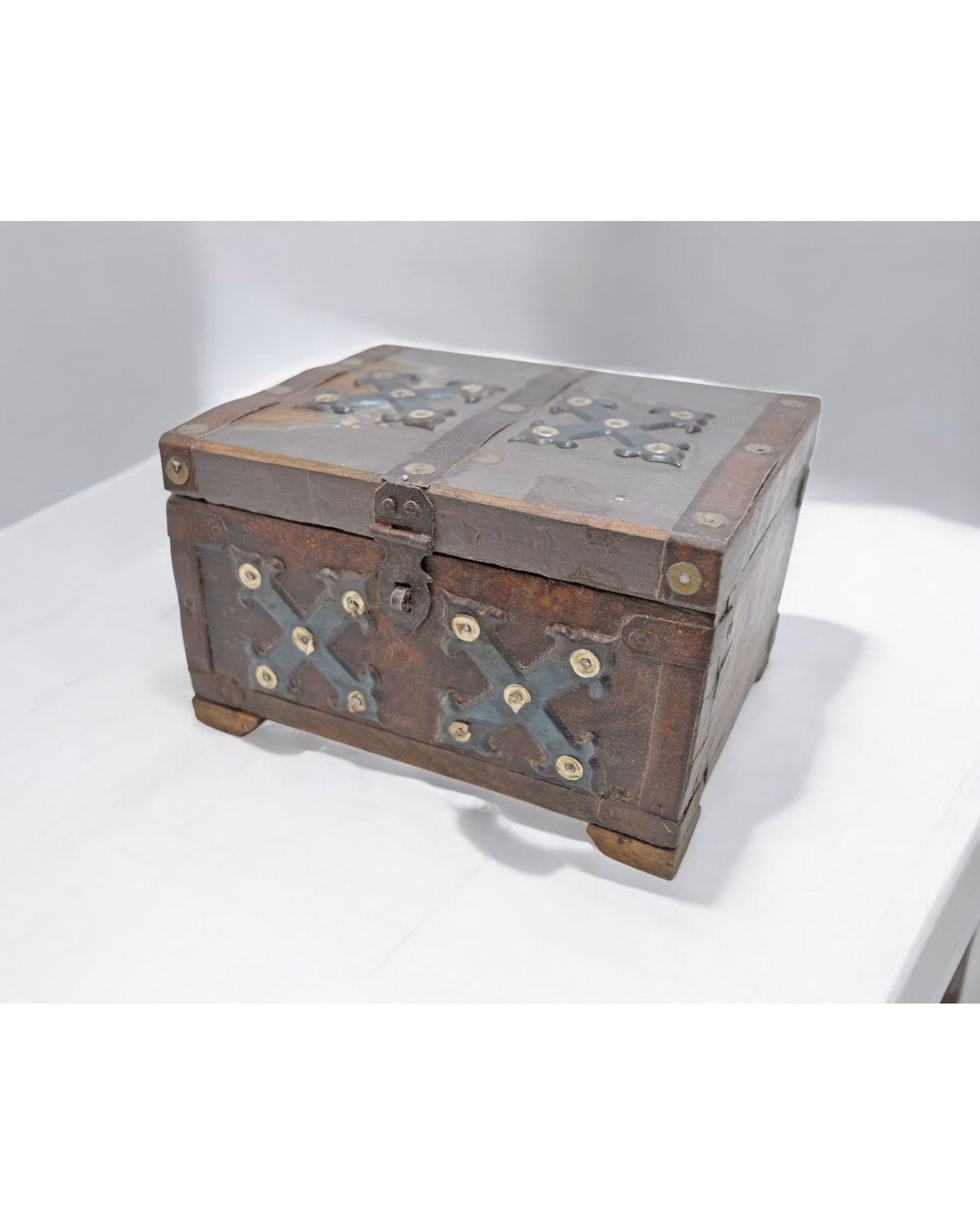 Vintage Wooden Storage Box Original Old Hand Crafted Metal Fitted