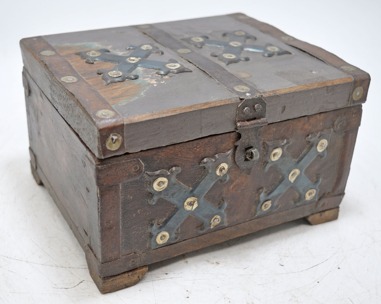 Vintage Wooden Storage Box Original Old Hand Crafted Metal Fitted