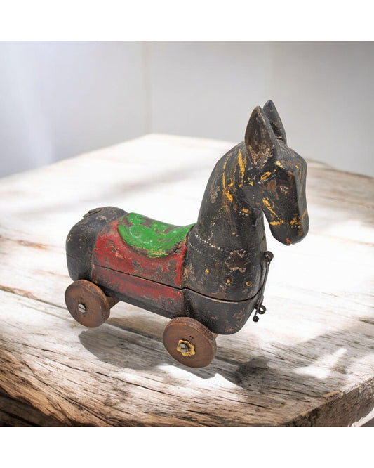 Vintage Wooden Horse on Wheels Figurine Spice Box Original Old Hand Carved