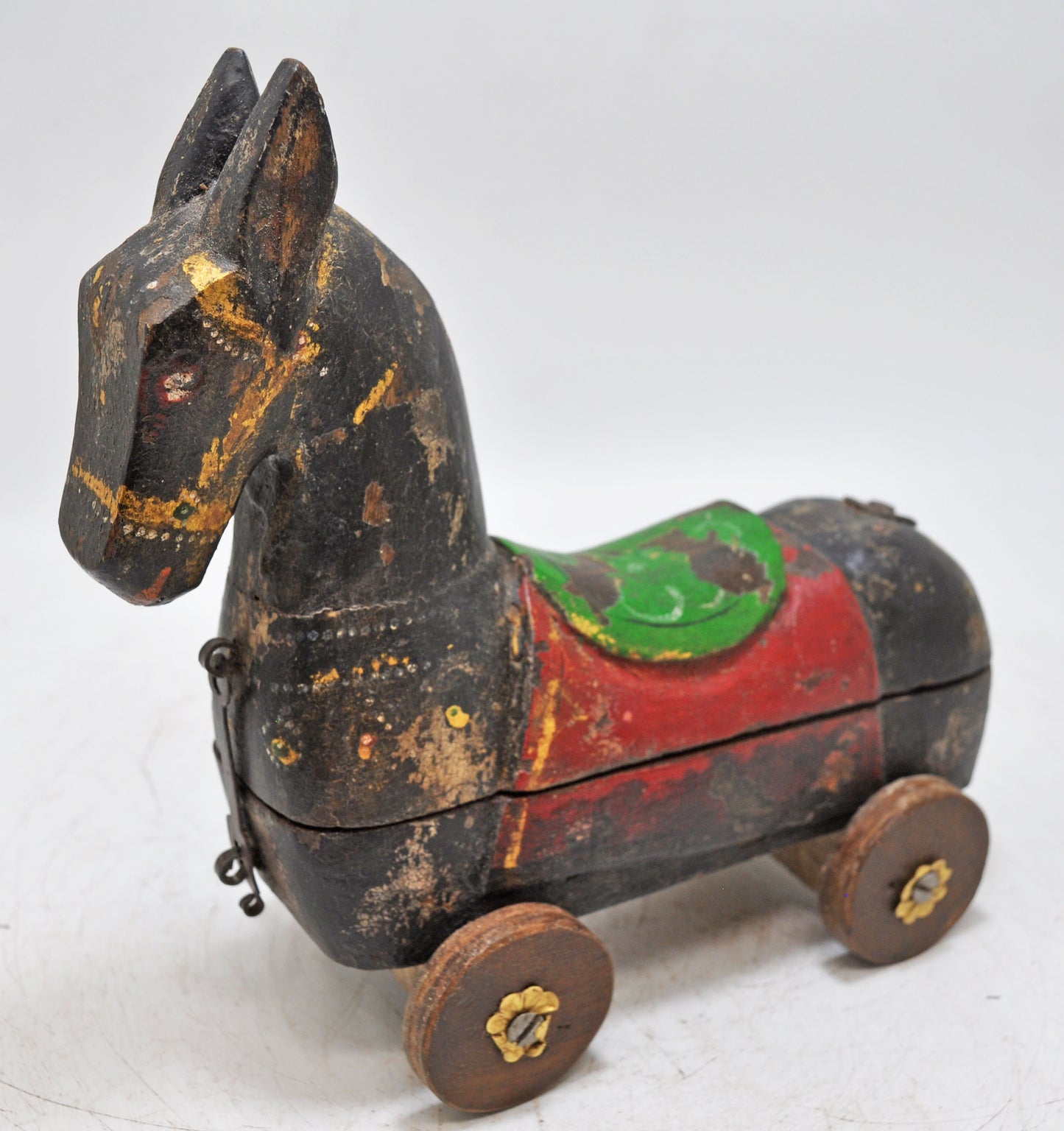 Vintage Wooden Horse on Wheels Figurine Spice Box Original Old Hand Carved