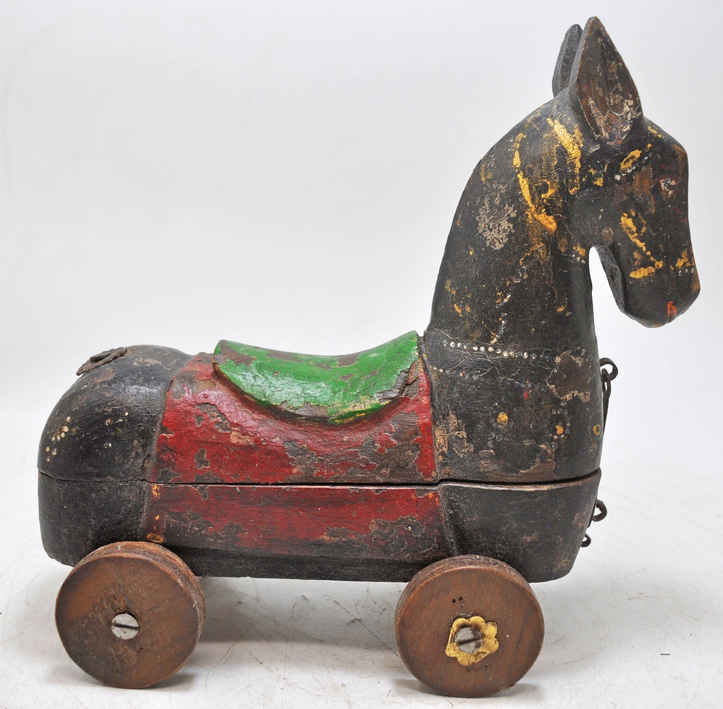 Vintage Wooden Horse on Wheels Figurine Spice Box Original Old Hand Carved