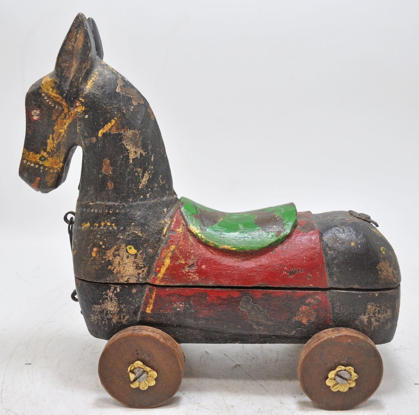 Vintage Wooden Horse on Wheels Figurine Spice Box Original Old Hand Carved