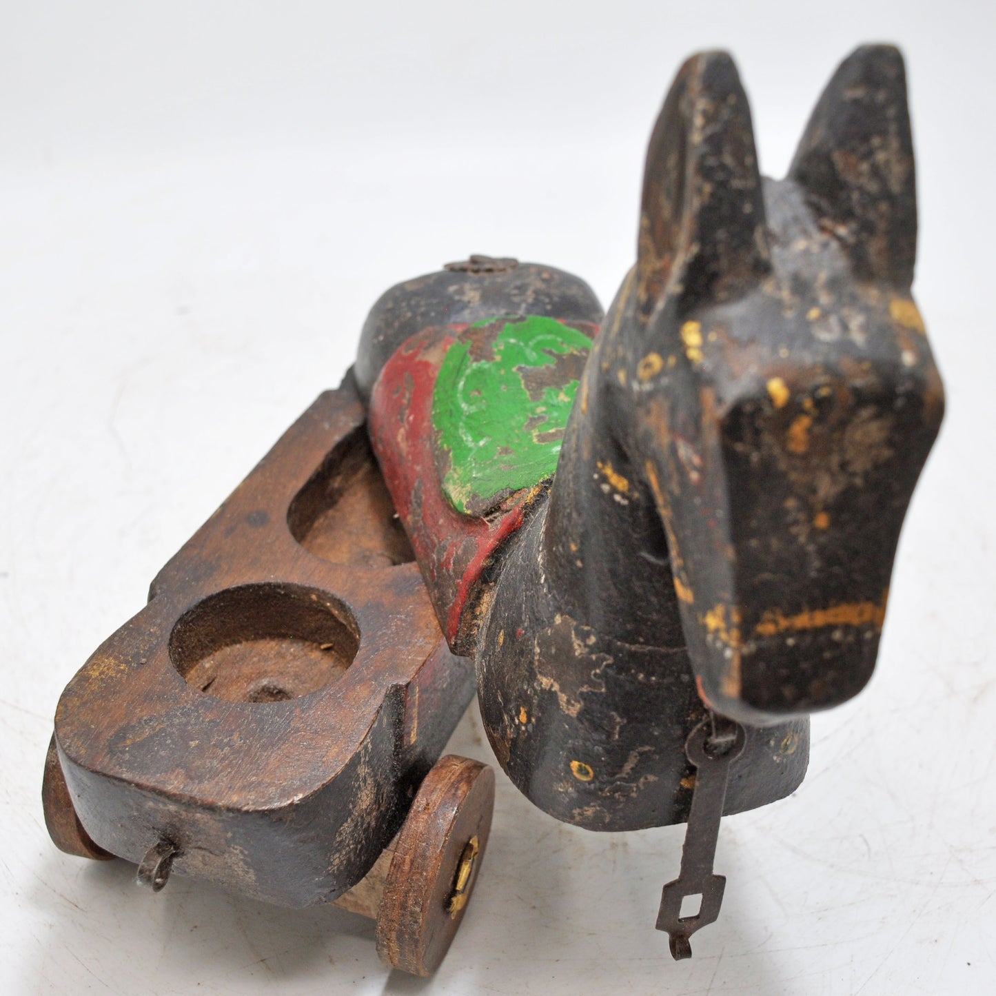 Vintage Wooden Horse on Wheels Figurine Spice Box Original Old Hand Carved