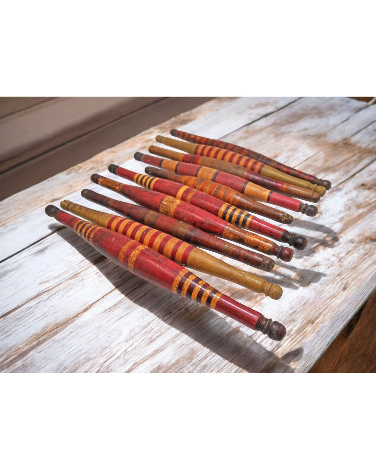 Lot of 10 Antique Wooden Kitchenware Rolling Pins Lacquer Painted