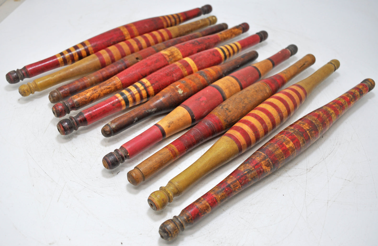 Lot of 10 Antique Wooden Kitchenware Rolling Pins Lacquer Painted