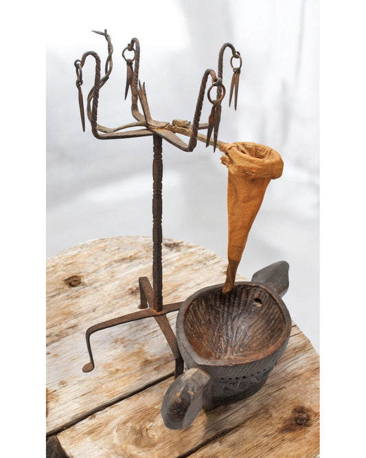 Antique Iron Opium Water Drinking Stand With Wooden Kharal Original Old Fine Rare