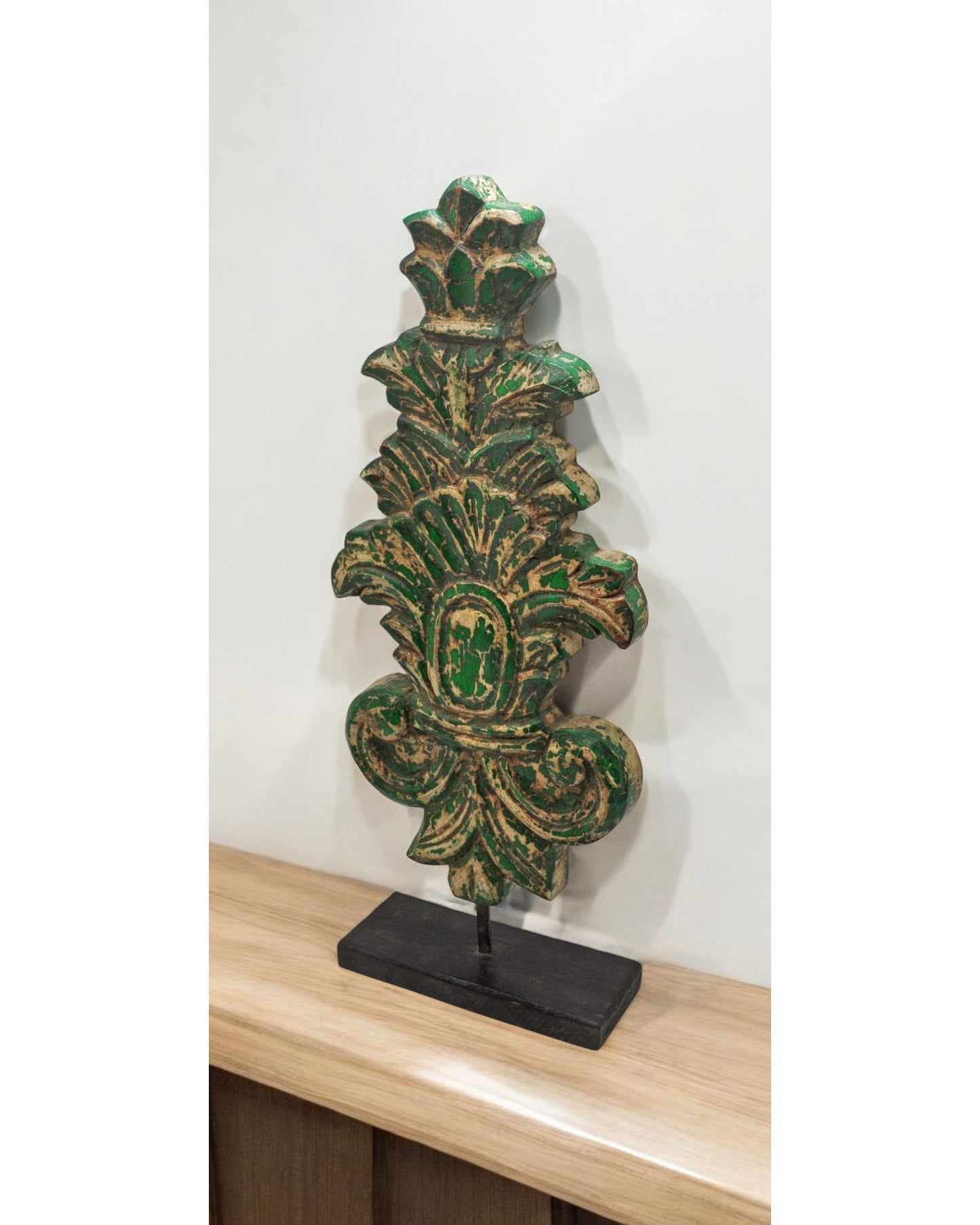 Hand Carved Wooden Floral Carving Panel Plaque Green Rustic Painted