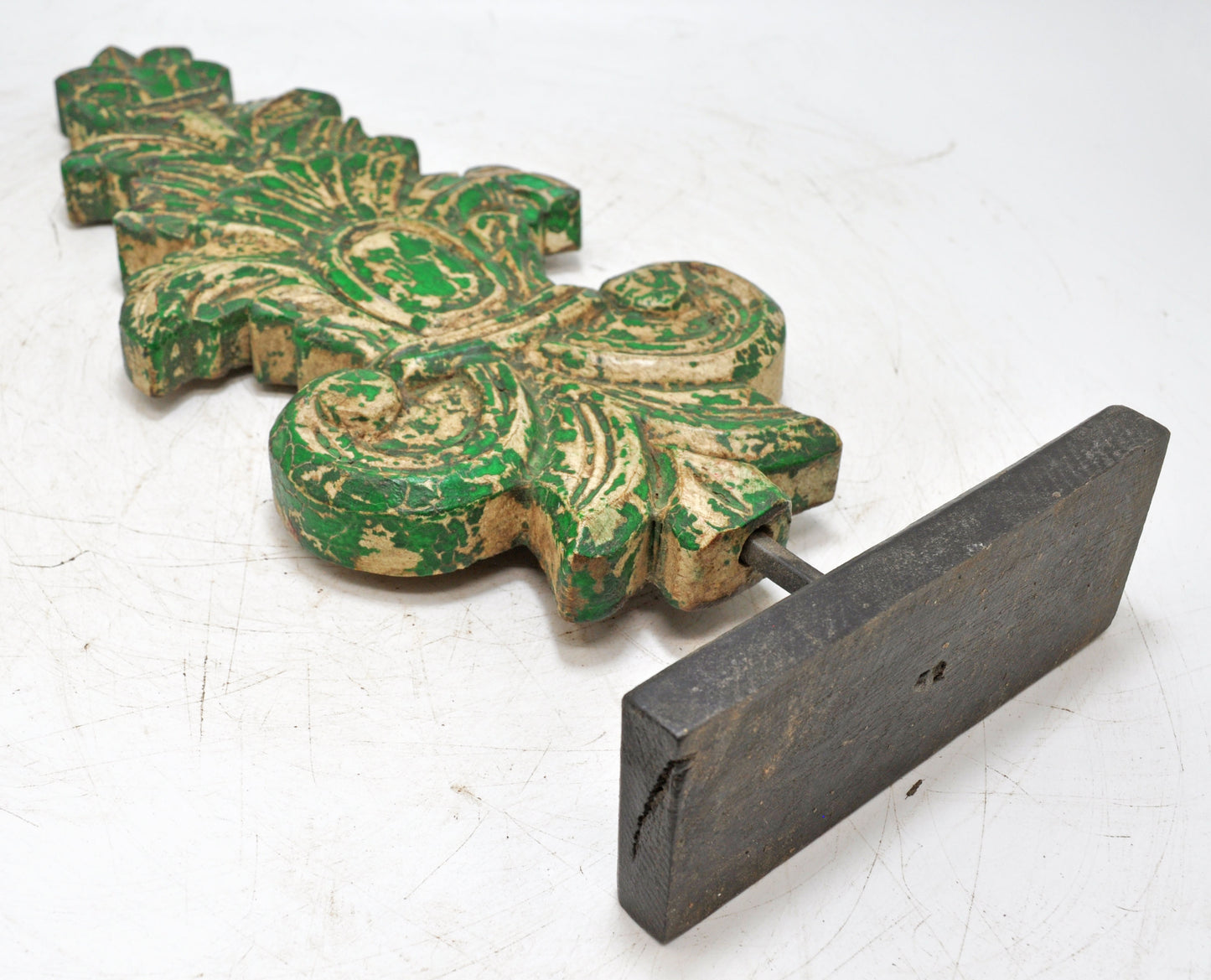 Hand Carved Wooden Floral Carving Panel Plaque Green Rustic Painted
