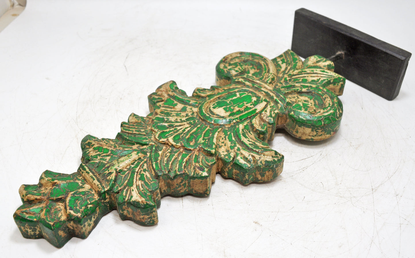 Hand Carved Wooden Floral Carving Panel Plaque Green Rustic Painted