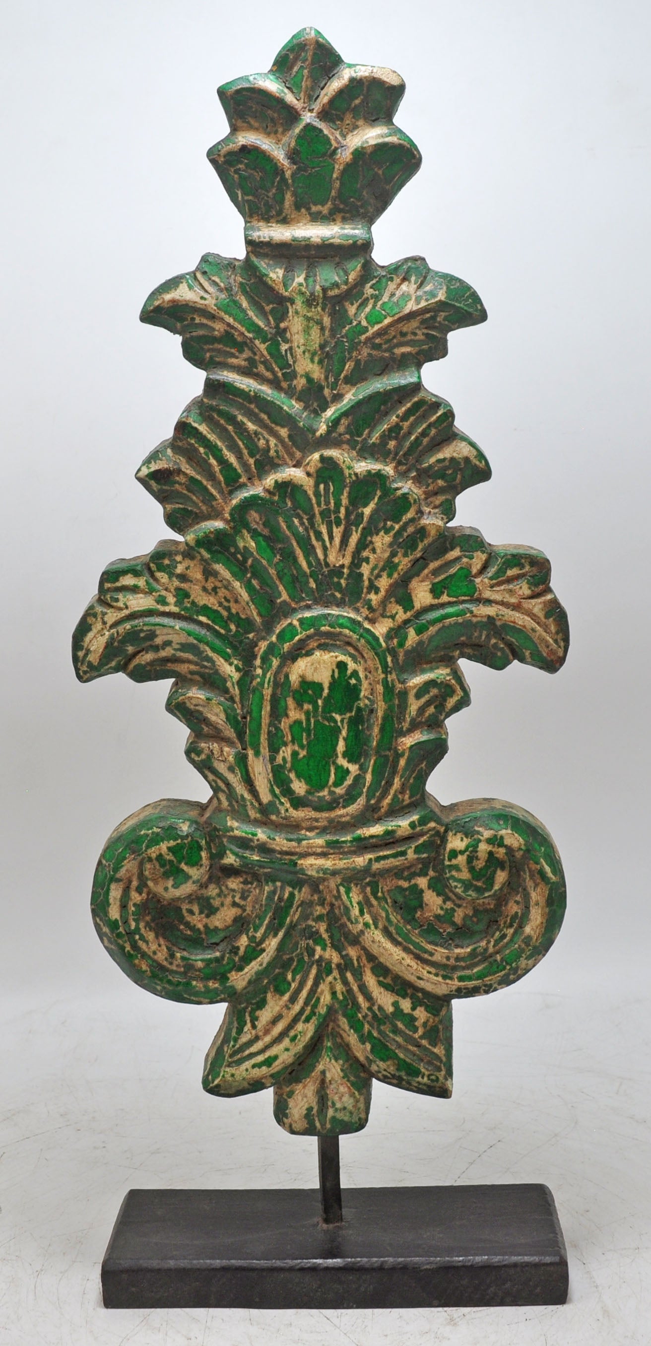 Hand Carved Wooden Floral Carving Panel Plaque Green Rustic Painted