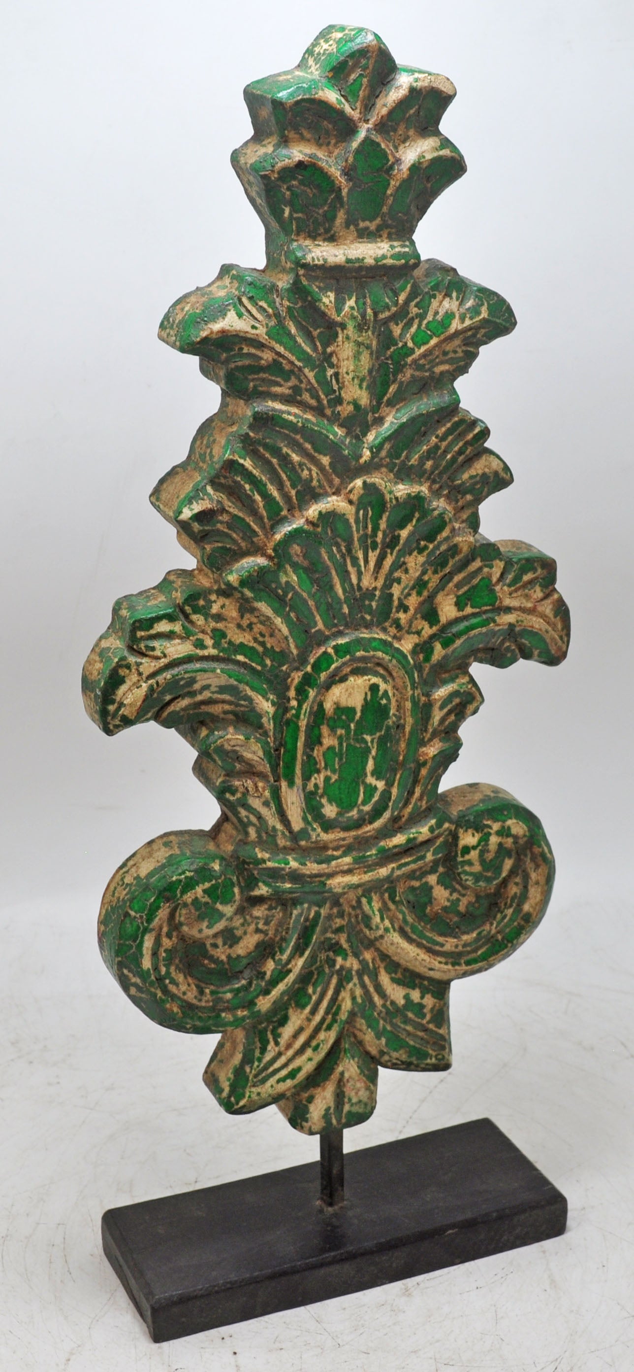 Hand Carved Wooden Floral Carving Panel Plaque Green Rustic Painted