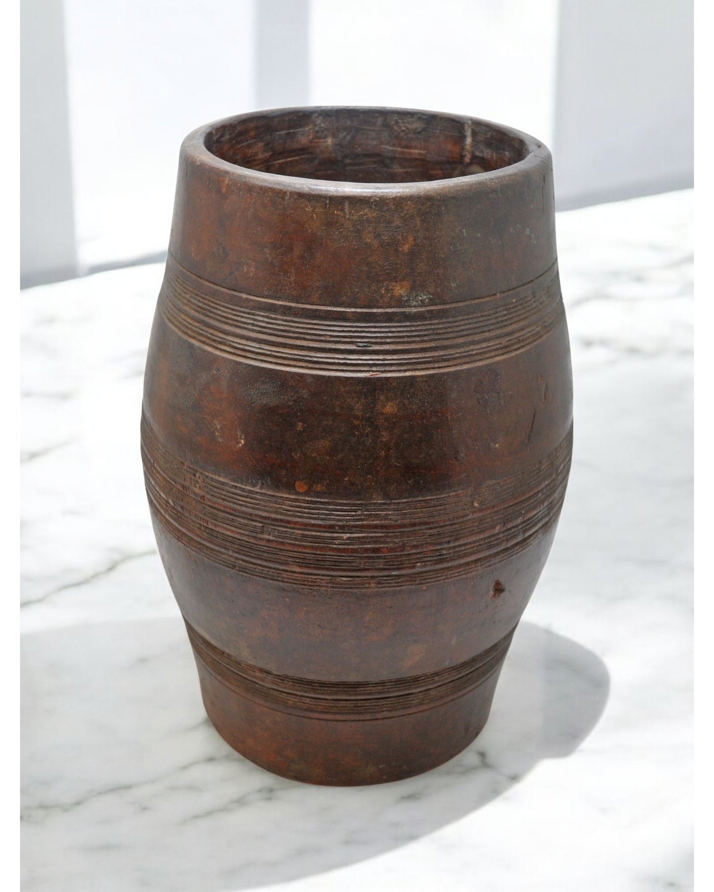 Antique Wooden Drum Shaped Round Grinding Pot Original Old Hand Carved