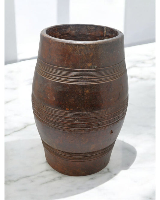 Antique Wooden Drum Shaped Round Grinding Pot Original Old Hand Carved