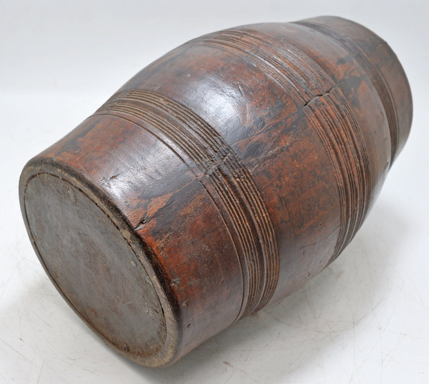 Antique Wooden Drum Shaped Round Grinding Pot Original Old Hand Carved