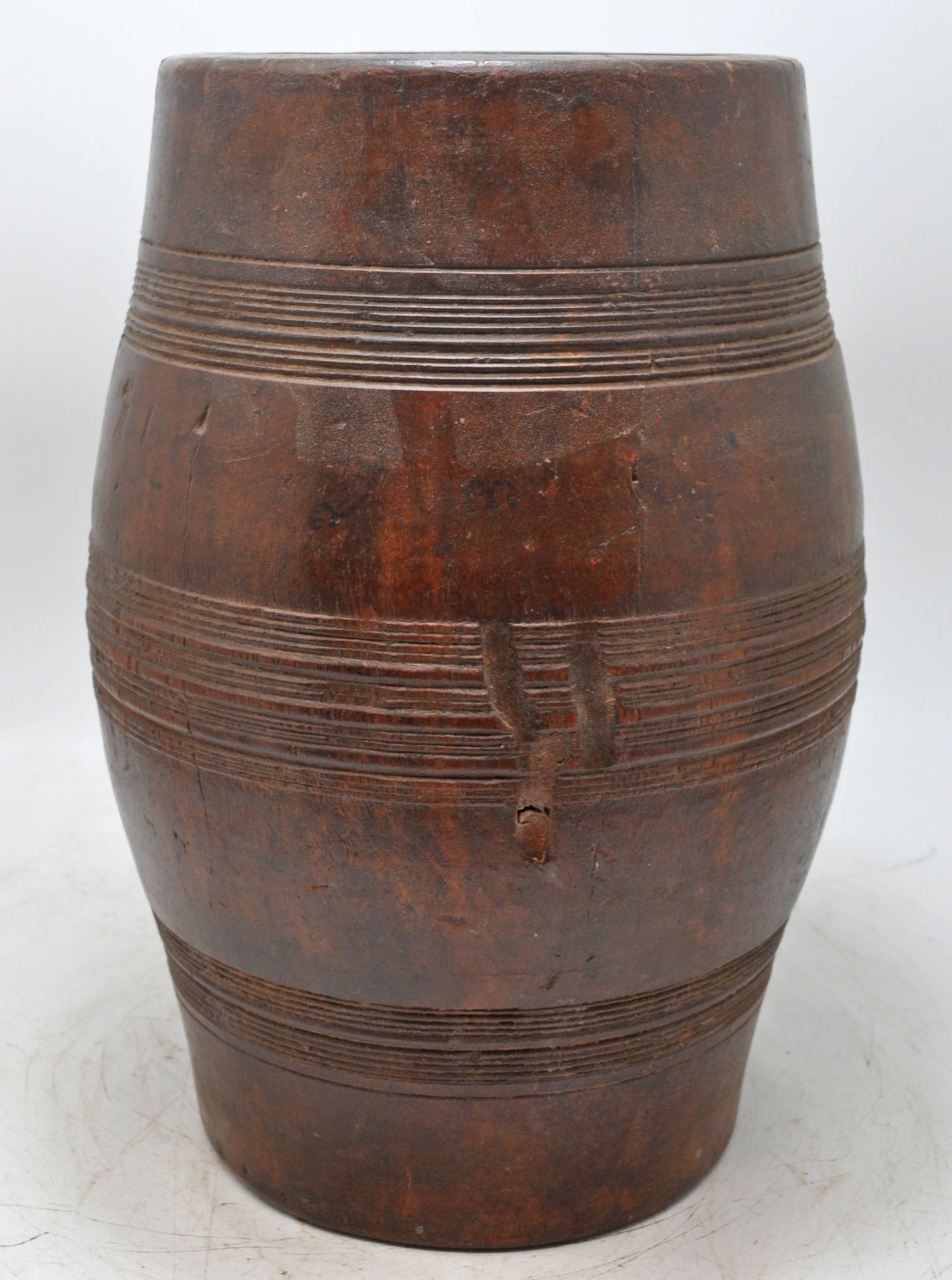 Antique Wooden Drum Shaped Round Grinding Pot Original Old Hand Carved