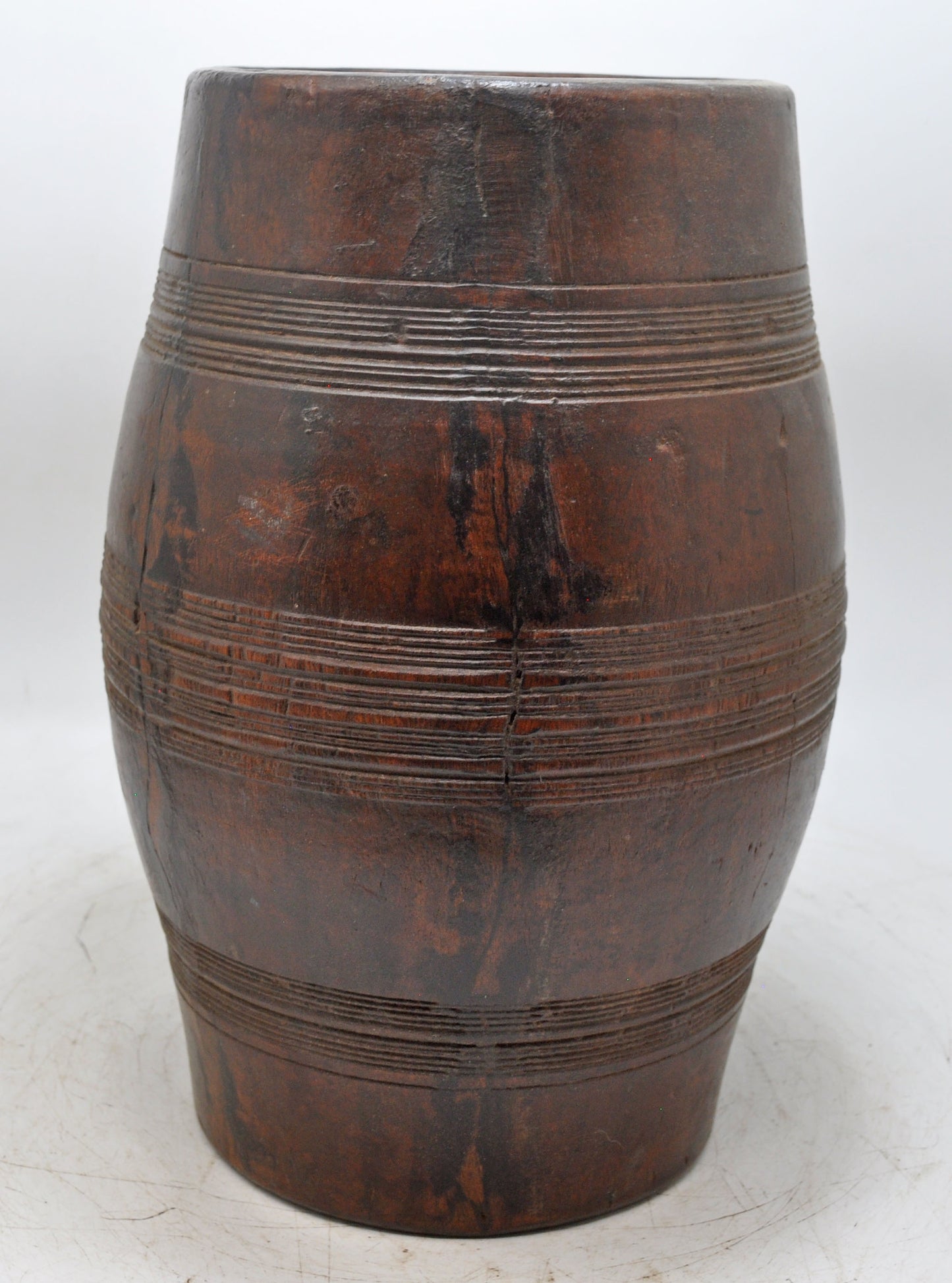 Antique Wooden Drum Shaped Round Grinding Pot Original Old Hand Carved