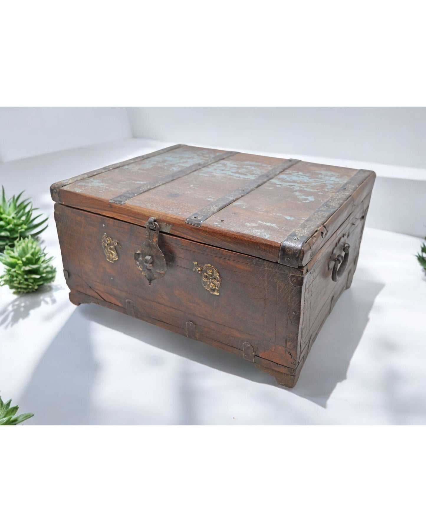 Antique Wooden Storage Chest Box Original Old Hand Crafted Metal Fitted
