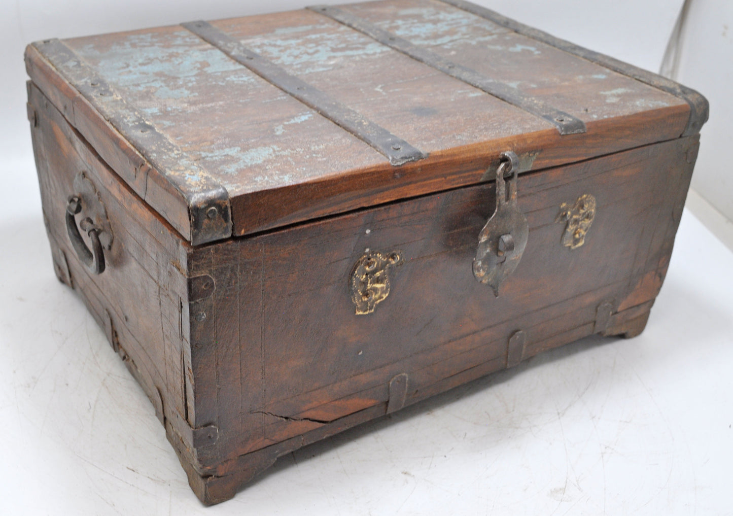 Antique Wooden Storage Chest Box Original Old Hand Crafted Metal Fitted