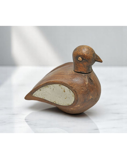 Vintage Wooden Duck Bird Figurine Original Old Hand Carved White Metal Fitted