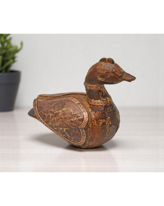 Vintage Wooden Duck Bird Figurine Original Old Hand Carved Copper Fitted