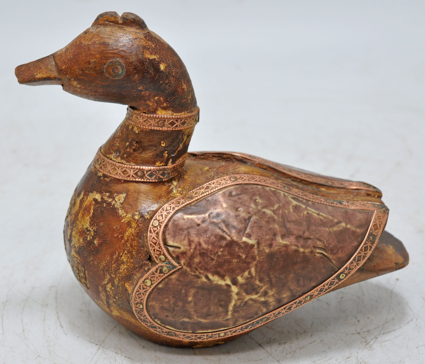 Vintage Wooden Duck Bird Figurine Original Old Hand Carved Copper Fitted