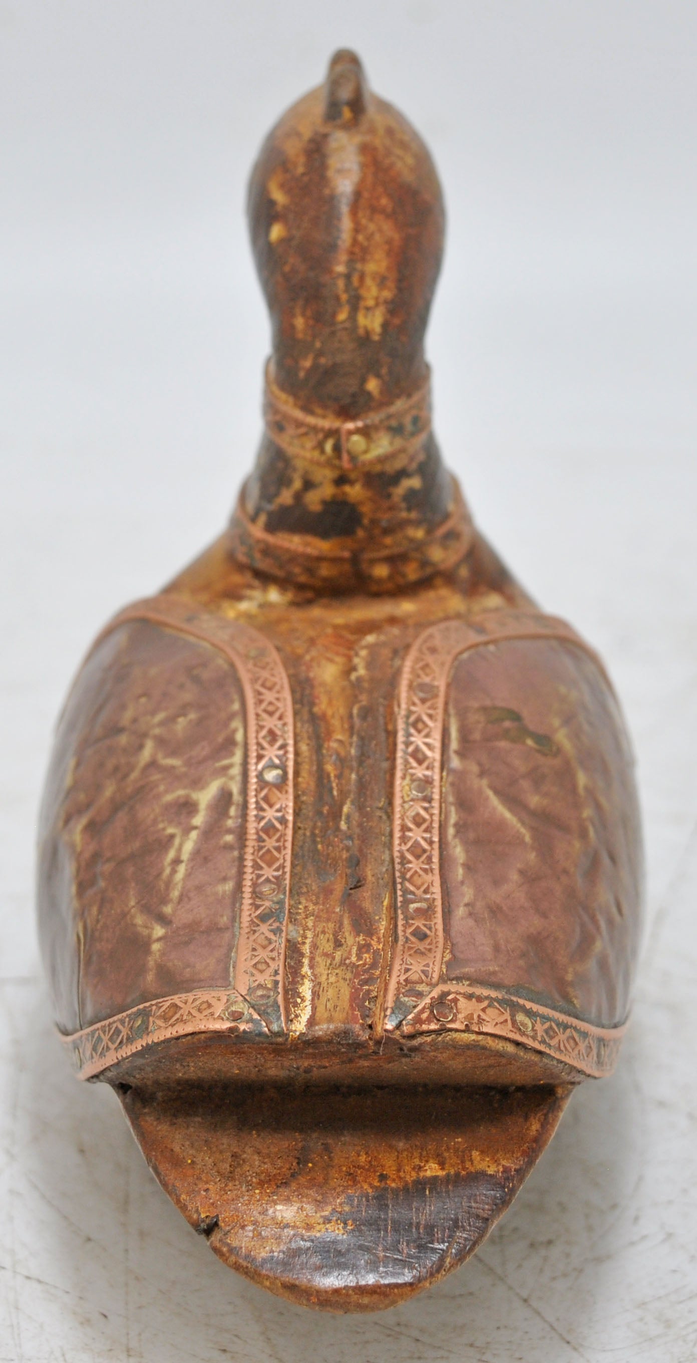 Vintage Wooden Duck Bird Figurine Original Old Hand Carved Copper Fitted