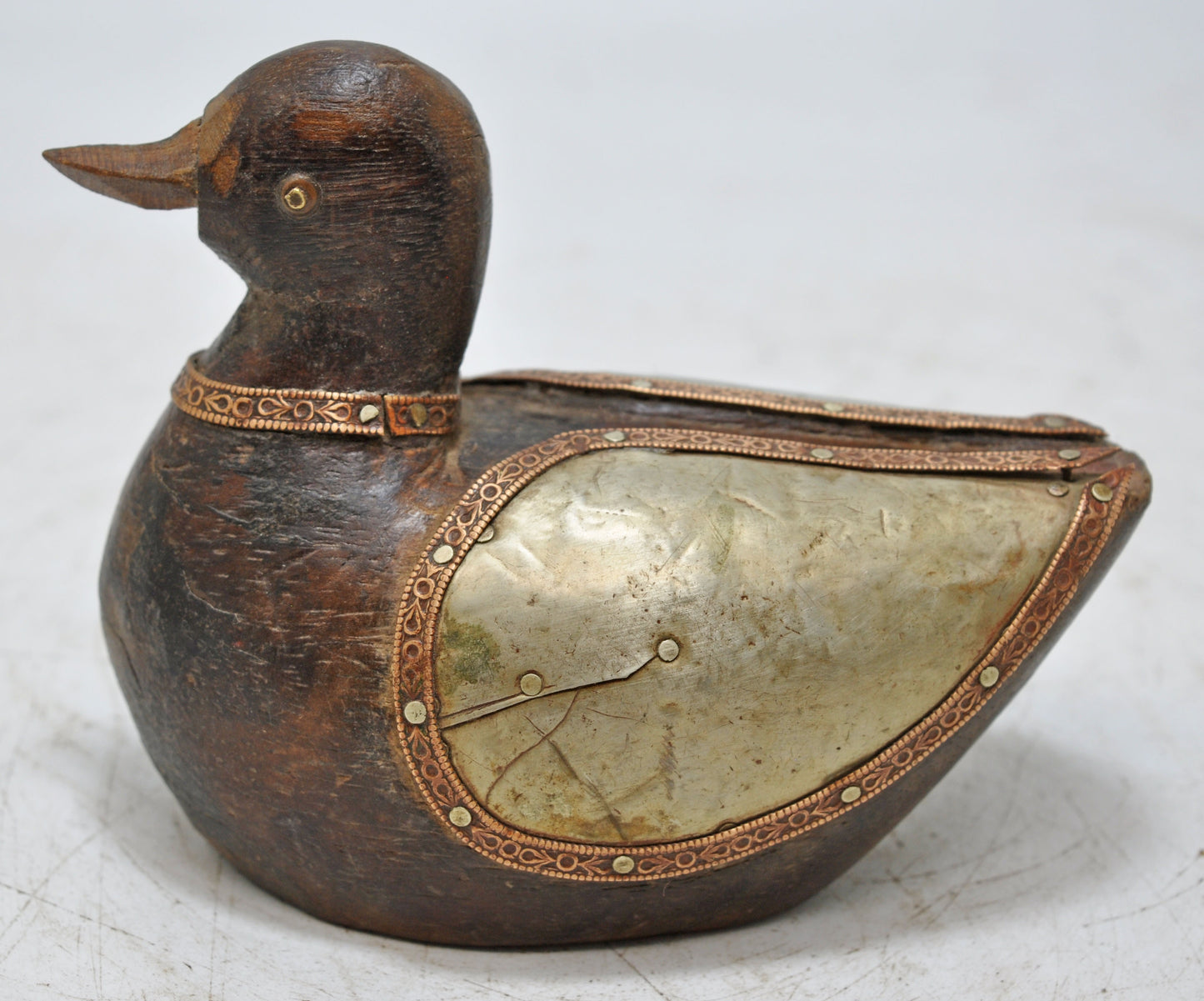 Vintage Wooden Duck Bird Figurine Original Old Hand Carved Brass Fitted