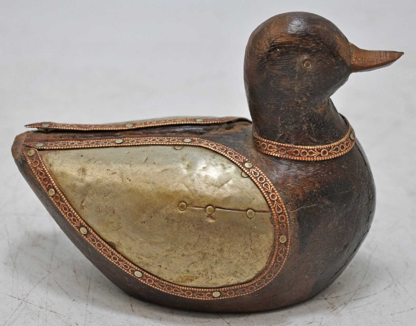 Vintage Wooden Duck Bird Figurine Original Old Hand Carved Brass Fitted