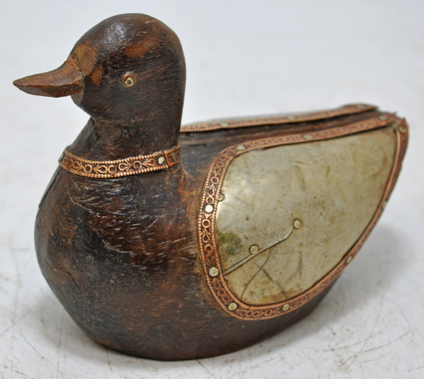 Vintage Wooden Duck Bird Figurine Original Old Hand Carved Brass Fitted