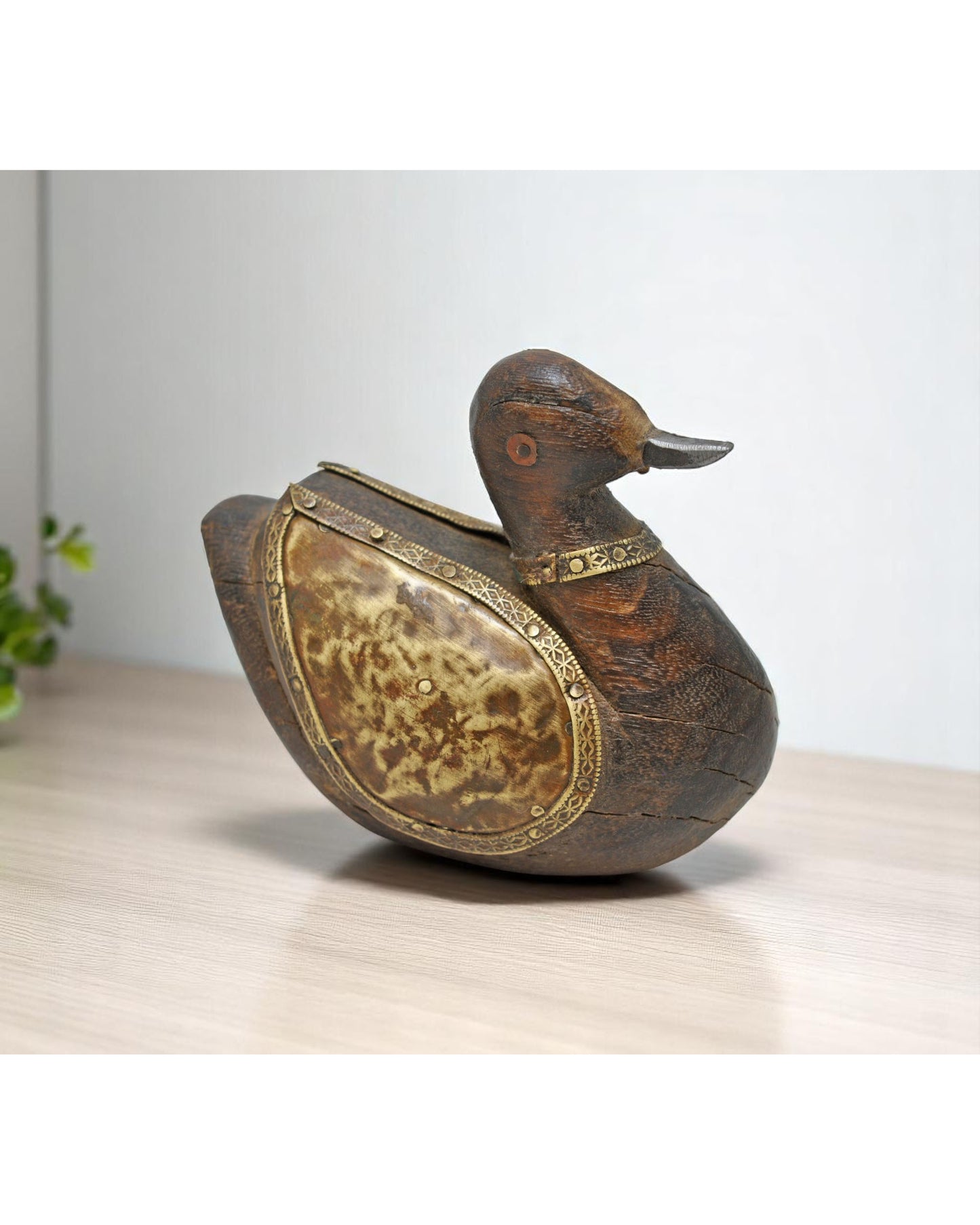 Vintage Wooden Duck Bird Figurine Original Old Hand Carved Brass Fitted