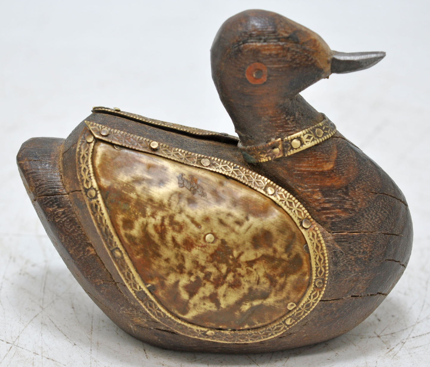 Vintage Wooden Duck Bird Figurine Original Old Hand Carved Brass Fitted