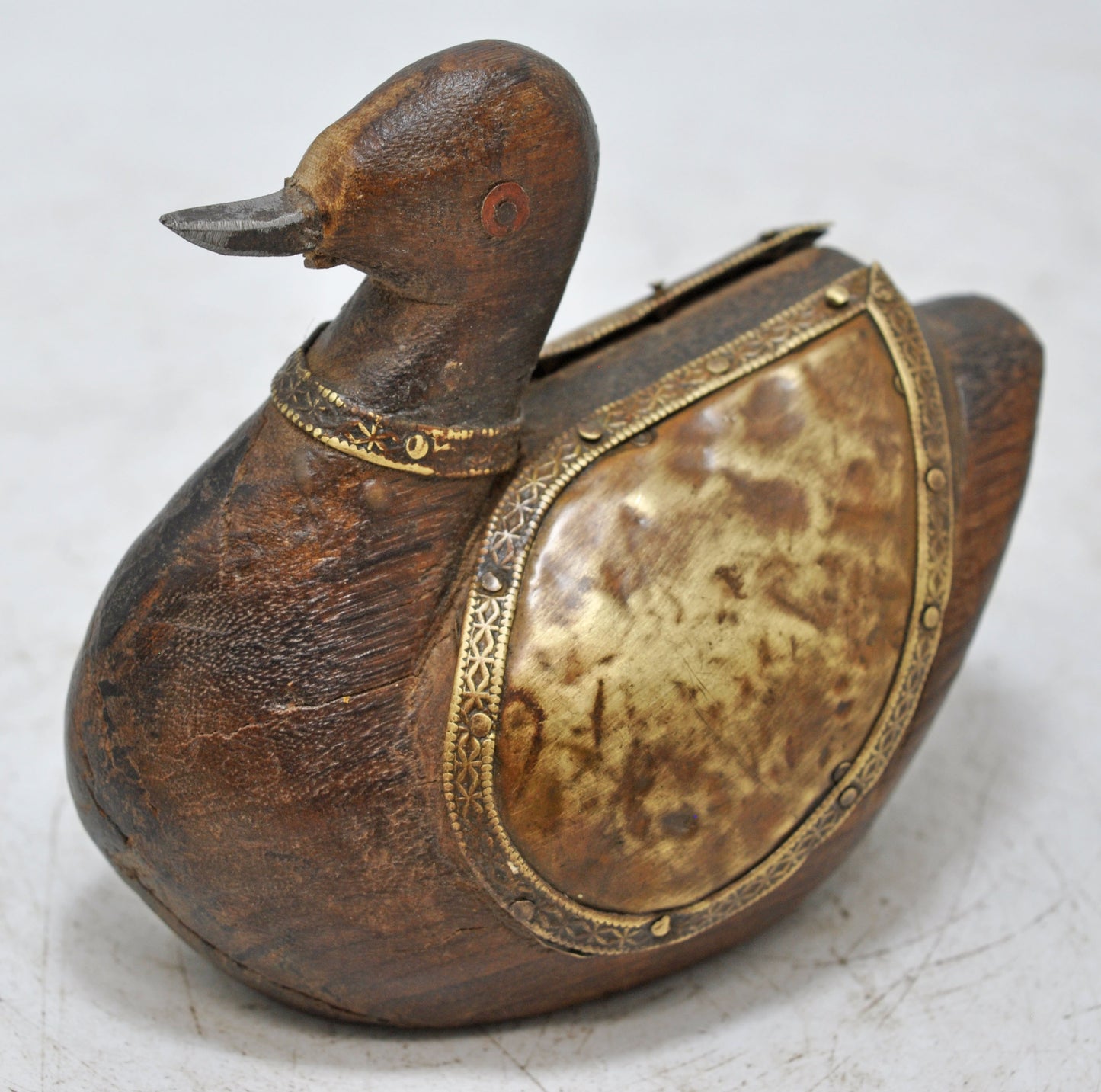 Vintage Wooden Duck Bird Figurine Original Old Hand Carved Brass Fitted