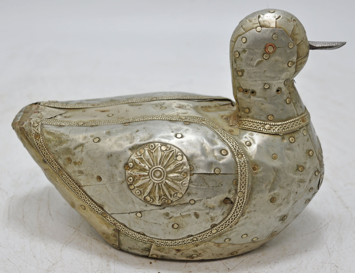 Vintage Wooden Duck Bird Figurine Original Old Hand Carved Fine White Metal Fitted