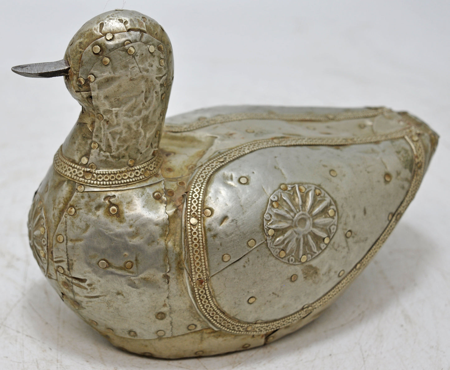 Vintage Wooden Duck Bird Figurine Original Old Hand Carved Fine White Metal Fitted