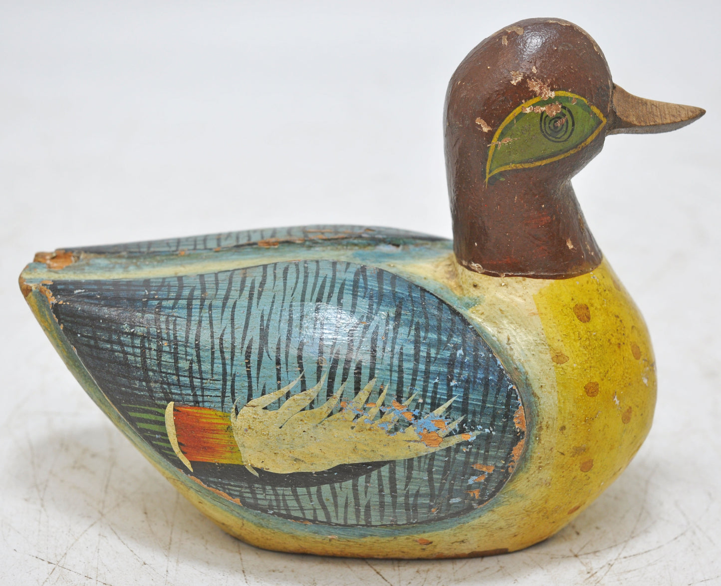 Vintage Wooden Duck Bird Figurine Original Old Hand Carved Fine Hand Painted