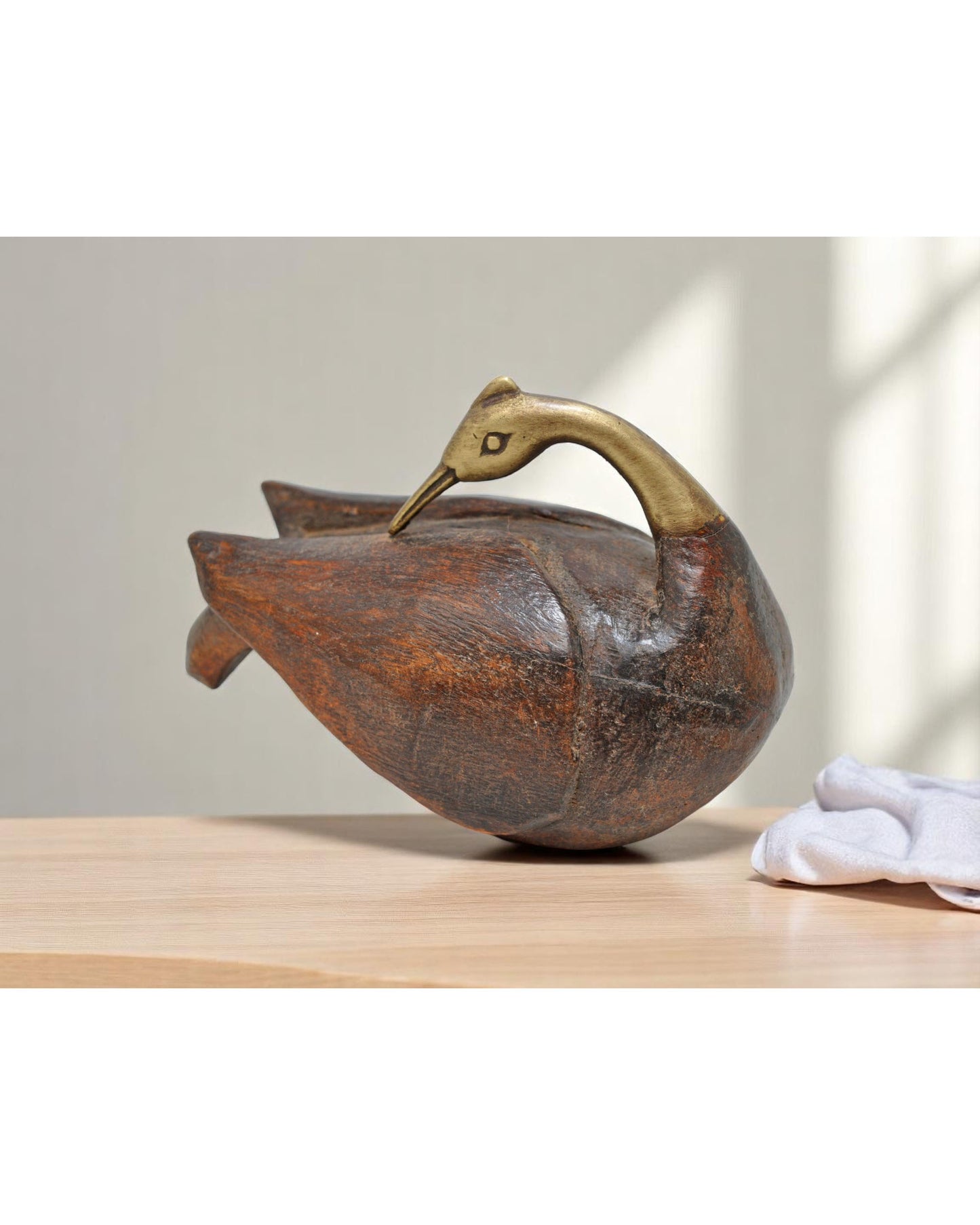Vintage Wooden Duck Bird Figurine Original Old Hand Carved Brass Fitted
