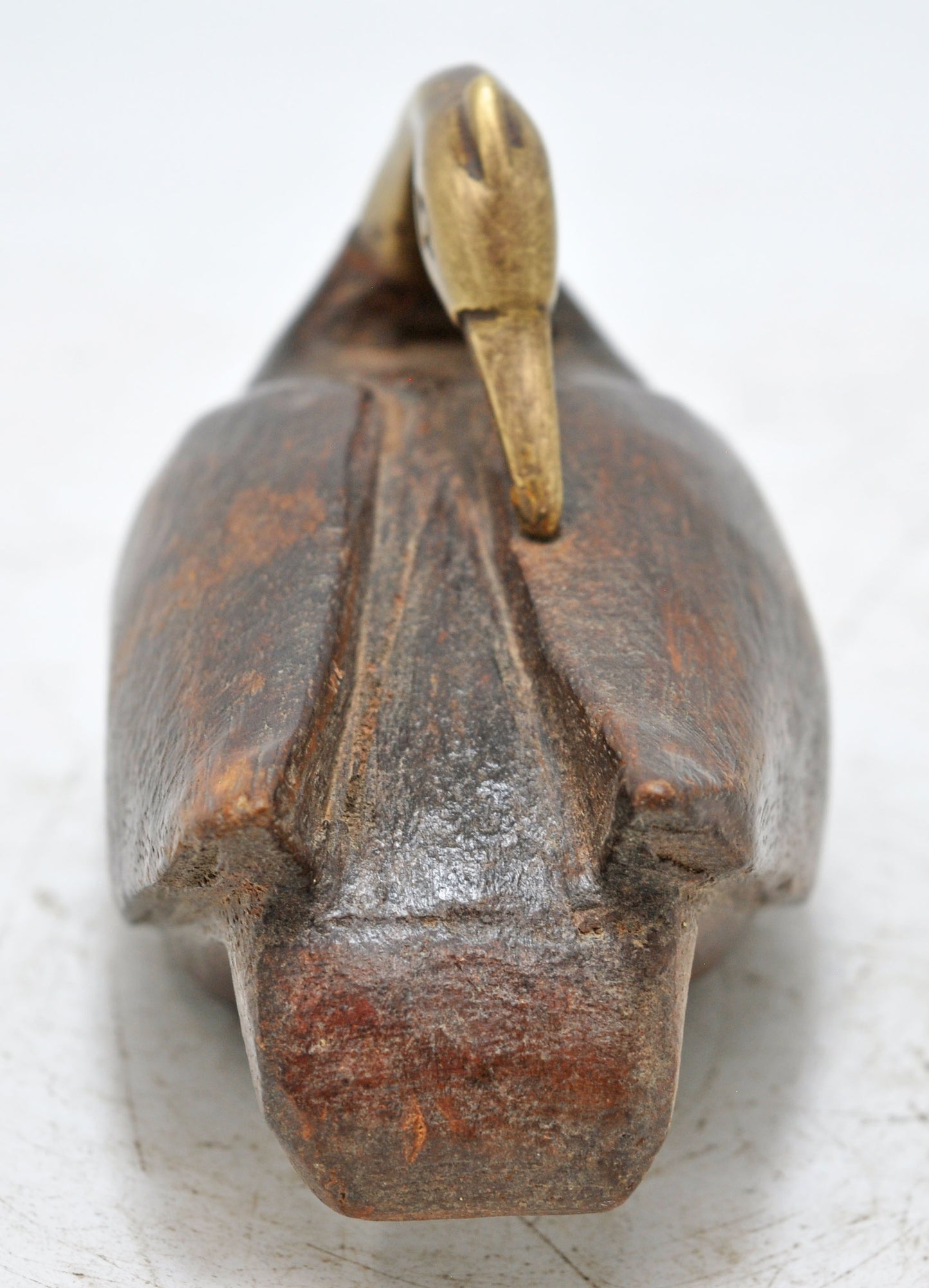 Vintage Wooden Duck Bird Figurine Original Old Hand Carved Brass Fitted