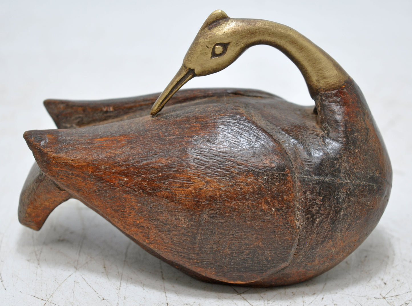 Vintage Wooden Duck Bird Figurine Original Old Hand Carved Brass Fitted