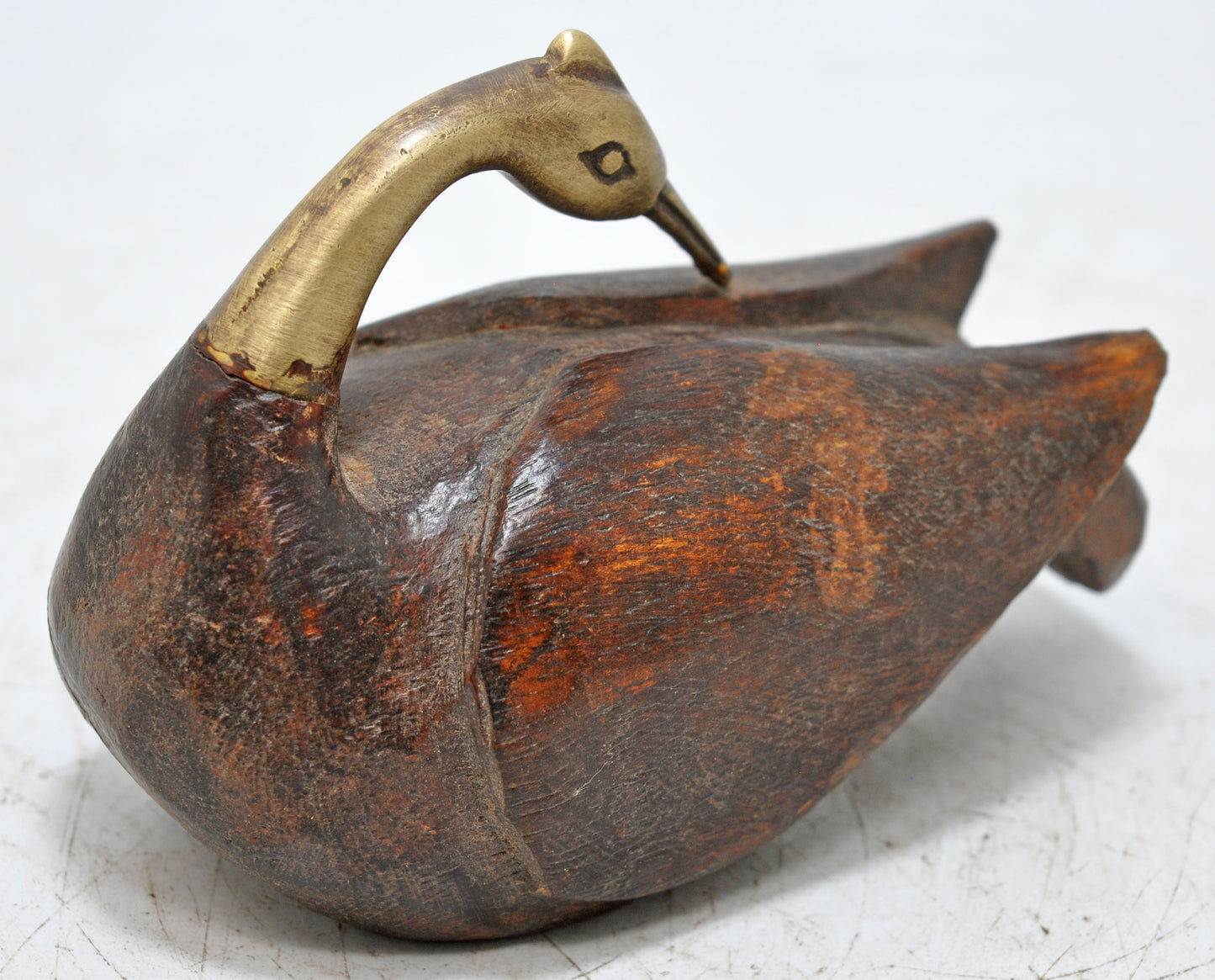Vintage Wooden Duck Bird Figurine Original Old Hand Carved Brass Fitted