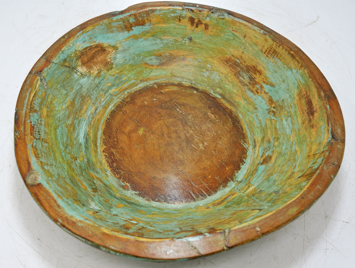 Antique Wooden Dough Kneading Parat Bowl Original Old Hand Carved Blue