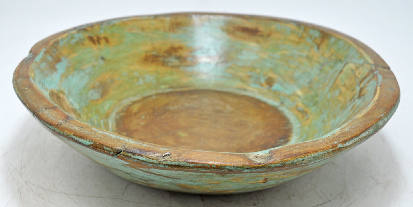 Antique Wooden Dough Kneading Parat Bowl Original Old Hand Carved Blue