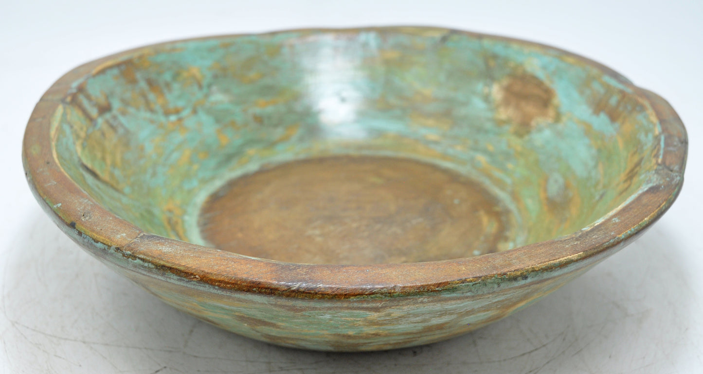 Antique Wooden Dough Kneading Parat Bowl Original Old Hand Carved Blue