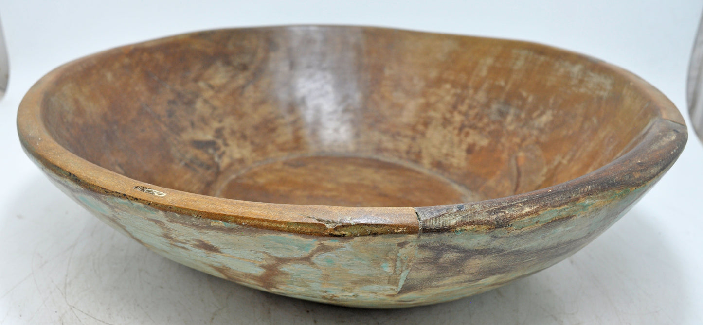 Antique Wooden Dough Kneading Parat Bowl Original Old Hand Carved Blue
