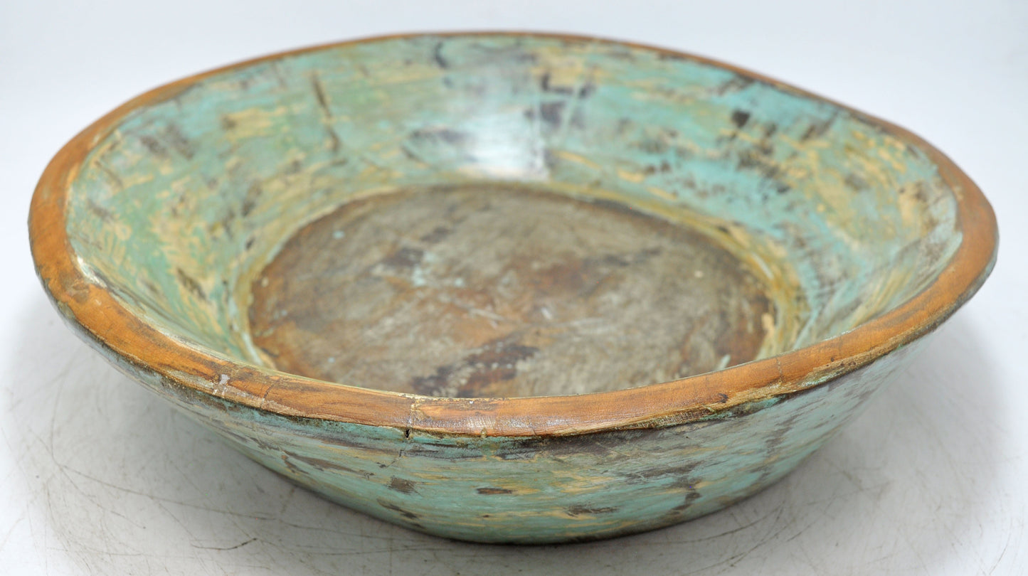 Antique Wooden Dough Kneading Parat Bowl Original Old Hand Carved Blue